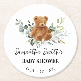 Bear Greenery Eucalyptus Baby Shower Round Paper Runder Pappuntersetzer