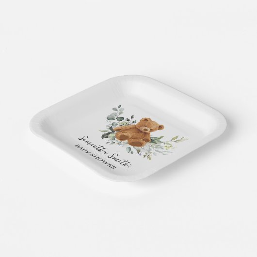 Bear Greenery Eucalyptus Baby Shower Square Pappteller (Gewinkelt)