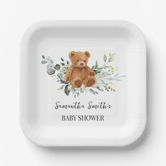 Bear Greenery Eucalyptus Baby Shower Square Pappteller (Vorderseite)