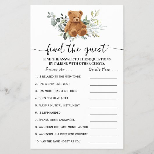 Bear Greenery Finden Sie die Guest Baby Shower Gam Flyer (Vorne)