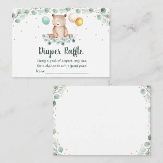 Bear Greenery Gold Baby Duschdusche Windeln Raffle Begleitkarte (Vorne/Hinten)