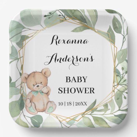 Bear Greenery Gold Baby Dusche Pappteller (Vorderseite)