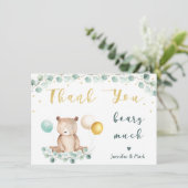 Bear Greenery Gold Baby Dusche Vielen Dank Dankeskarte (Stehend Vorderseite)