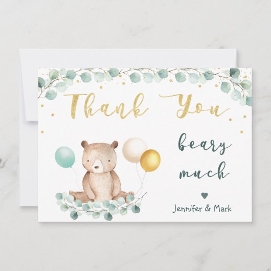 Bear Greenery Gold Baby Dusche Vielen Dank Dankeskarte (Vorderseite)