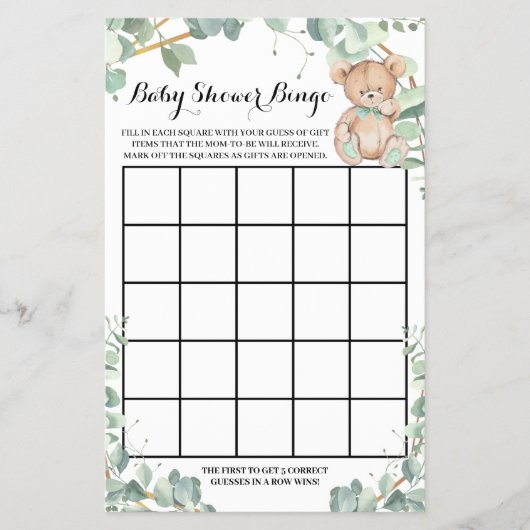 Bear Greenery Gold Baby Shower Bingo Game Card Flyer (Vorne)