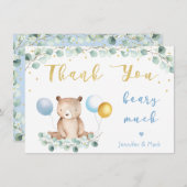 Bear Greenery Gold Blue Baby Dusche Vielen Dank Dankeskarte (Vorne/Hinten)