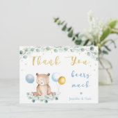 Bear Greenery Gold Blue Baby Dusche Vielen Dank Dankeskarte (Stehend Vorderseite)