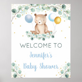 Bear Greenery Gold Blue Boy Baby Dusche Willkommen Poster