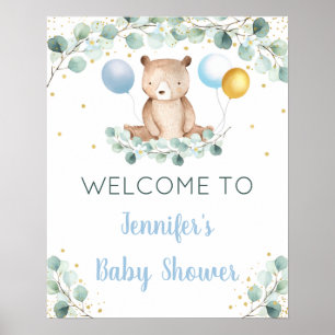 Bear Greenery Gold Blue Boy Baby Dusche Willkommen Poster