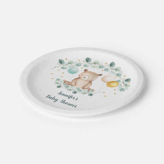 Bear Greenery Gold Gender Neutral Baby Dusche Pappteller (Schrägansicht)