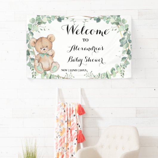 Bear Greenery Gold Welcome Baby Shower Banner (Insitu)