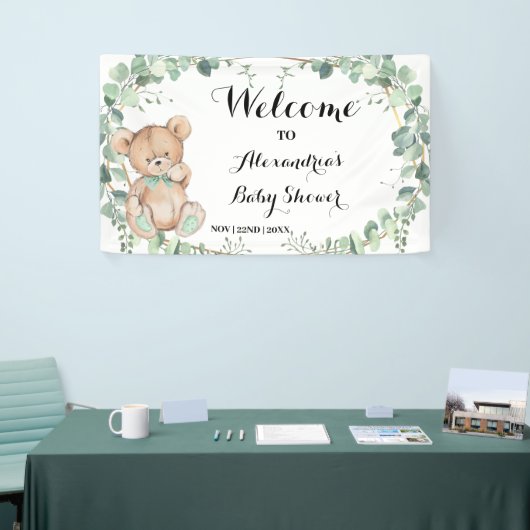 Bear Greenery Gold Welcome Baby Shower Banner (Messeveranstaltung)