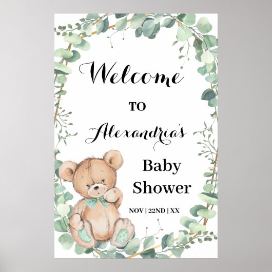 Bear Greenery Gold Welcome Baby Shower Poster (Vorne)