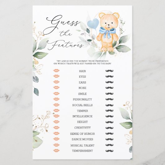 Bear Greenery Guess Baby Features Baby Shower Game (Vorderseite)