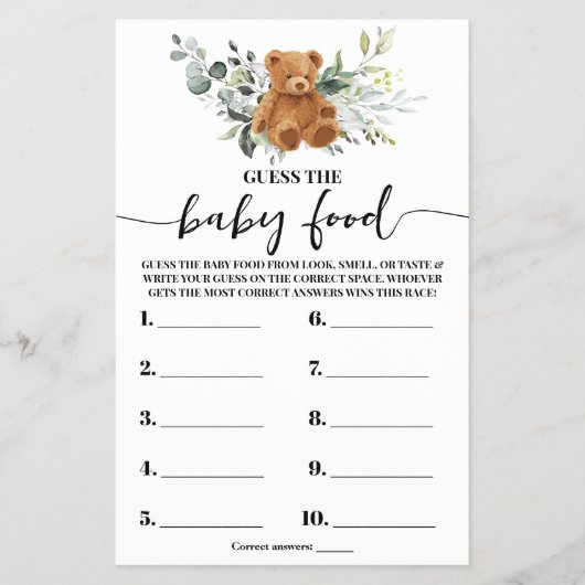 Bear Greenery Raten Sie die Baby Food Shower Game Flyer (Vorne)