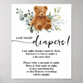 Bear Greenery Spate Night Diapers Baby Shower Game Poster