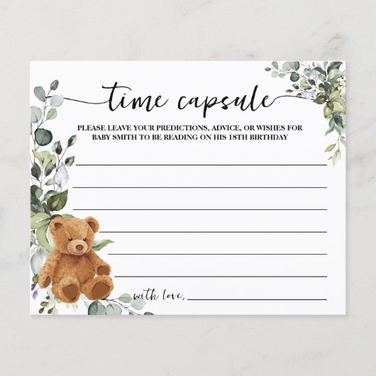Bear Greenery Time Kapsel Baby Shower Advice Card Flyer (Vorne)