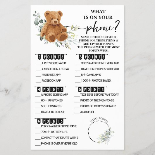 Bear Greenery Was auf Ihrer Phone Shower Game Card Flyer (Vorne)