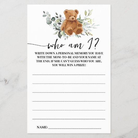 Bear Greenery Who is I Baby Shower Game Card Flyer (Vorne)
