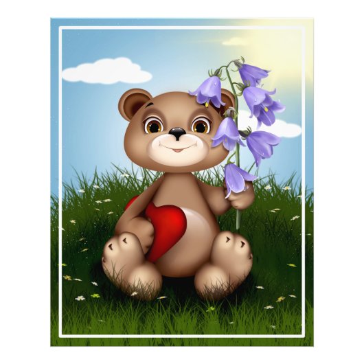 Bear Holding Bouquet Blume Fotodruck (Vorne)