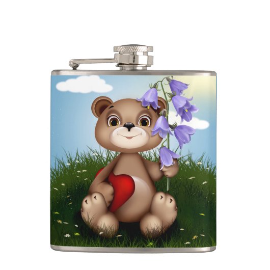 Bear Holding Bouquet Flower-30926 Flachmann (Vorderseite)