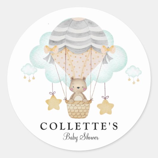 Bear Hot Air Ballon Babydusche Runder Aufkleber (Vorderseite)