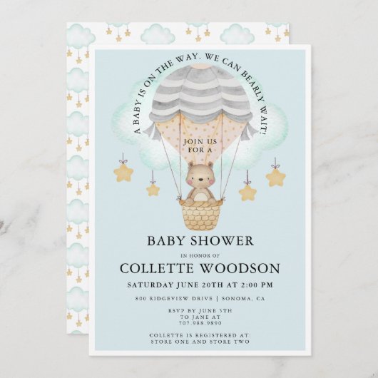 Bear Hot Air Ballon Boy Babydusche Einladung (Vorne/Hinten)