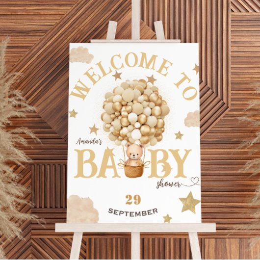 Bear in Basket Gold Beige Baby Dusche willkommen Poster