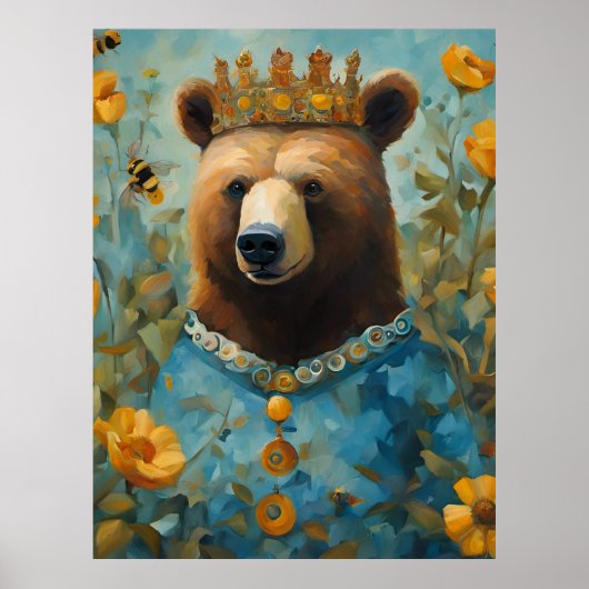 Bear in einer Krone mit Blume und Bienen Poster (Vorne)
