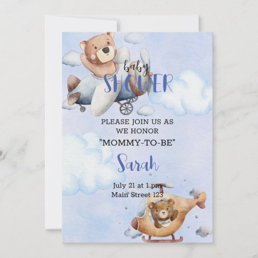 Bear in Flugzeug Babydusche Einladung (Vorderseite)