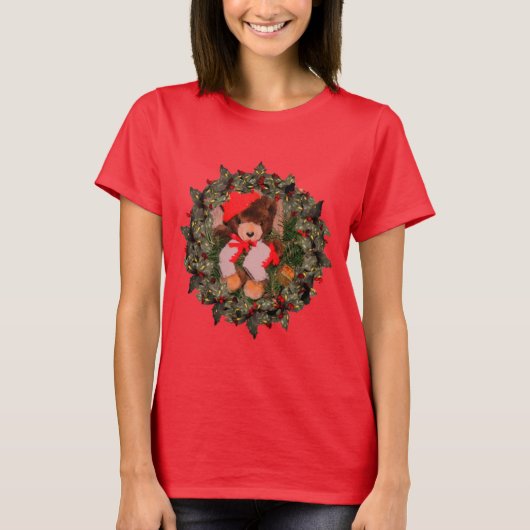 Bear in Holend Wreath Weihnachtsfeiertag  T-Shirt (Vorderseite)