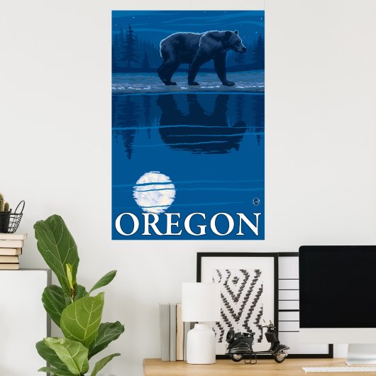 Bear in Moonlight - Oregon Poster (Heimbüro)