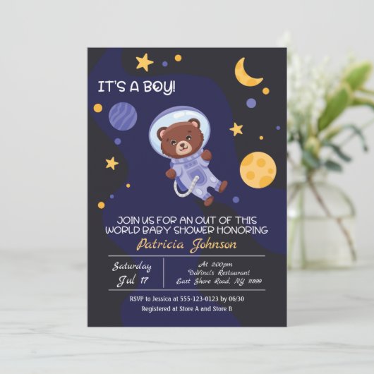 Bear in Outer Space Babydusche Einladung (Stehend Vorderseite)