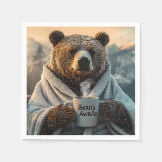 Bear in Robe Holding Kaffee Tasse Serviette (Vorderseite)