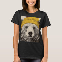 Bear in Yellow Beanie Rustic Woodland Animal 