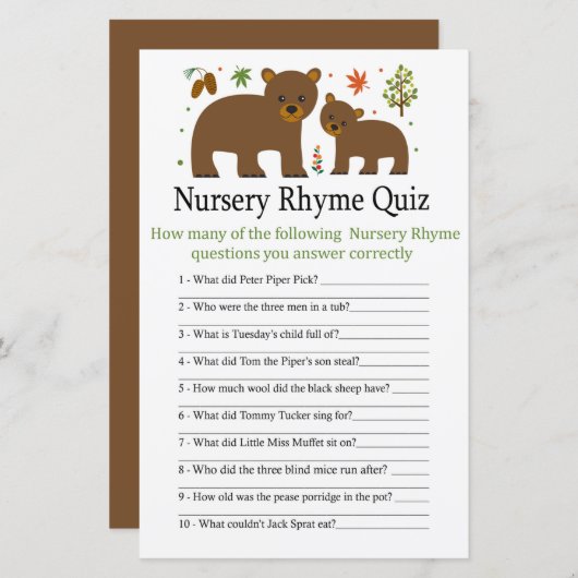 Bear Kinderzimmer Rhyme Quiz Babydusche (Vorne/Hinten)
