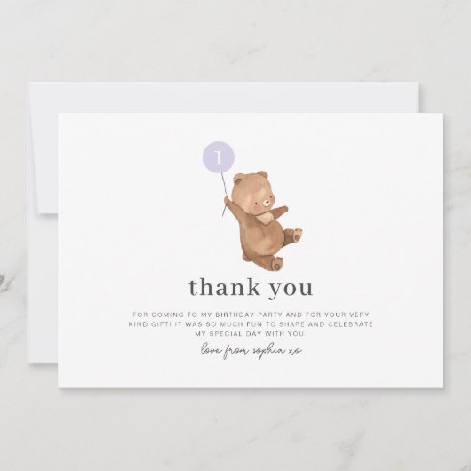 Bear Lila Ballon Danke Karte (Vorderseite)