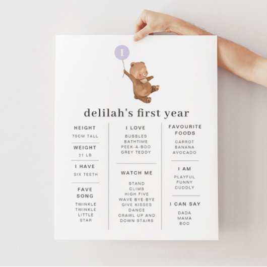 Bear Lila Balloon Milestone Poster