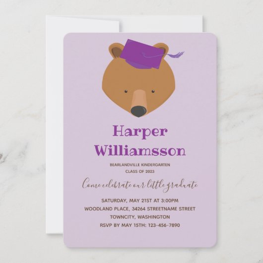 Bear Lila Foto Kindergarten Abschluss Einladung (Vorderseite)