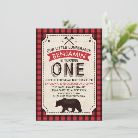 Bear Lumberjack Einladung zum 1. Geburtstag (Stehend Vorderseite)