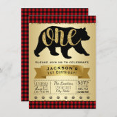 Bear Lumberjack Einladungen zum ersten Geburtstag (Vorne/Hinten)