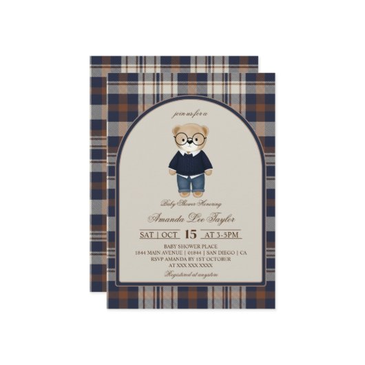 Bear Luxury Plaid Boy Baby Shower Einladung (Vorderseite/Rückseite Beispiel)