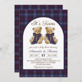 Bear Luxury Tartan Twins Baby Shower Einladung (Vorne/Hinten)