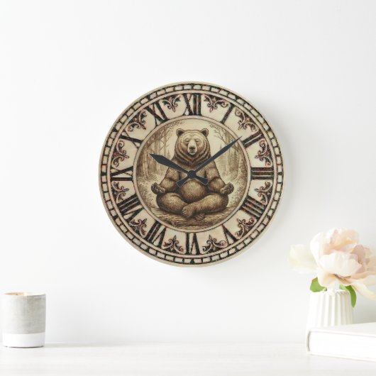 Bear Meditation Wall Clock - Calm Rustic Decor Große Wanduhr (Zuhause)