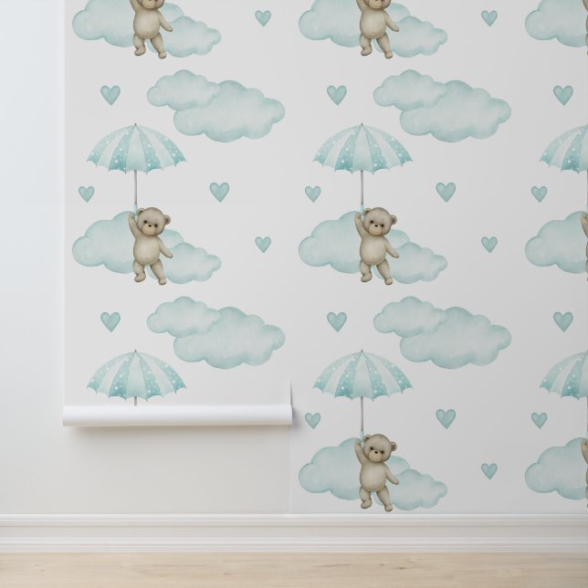Bear Mint Green Umbrella Clouds Hearts Baby Girl Tapete (Anwendung)