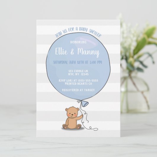Bear mit Balloon Baby Shower Einladung | Blau (Stehend Vorderseite)