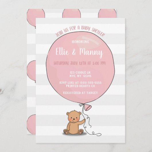 Bear mit Balloon Baby Shower Einladung | Rosa (Vorne/Hinten)