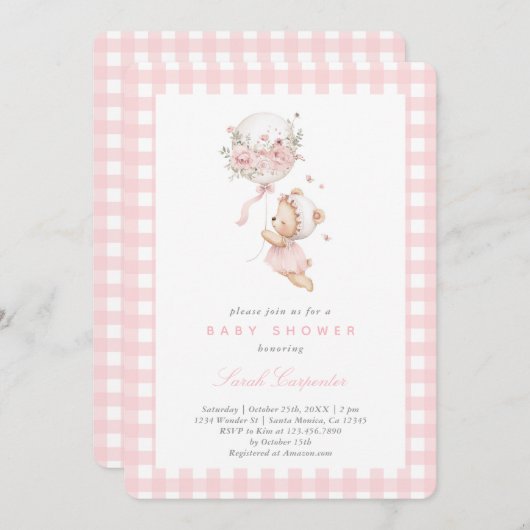 Bear mit Balloon Baby Shower Girl Einladung (Vorne/Hinten)