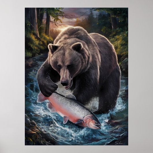 Bear mit einem schimmernden Fisch Poster (Vorne)