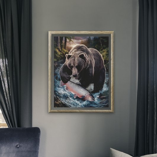 Bear mit einem schimmernden Fisch Poster